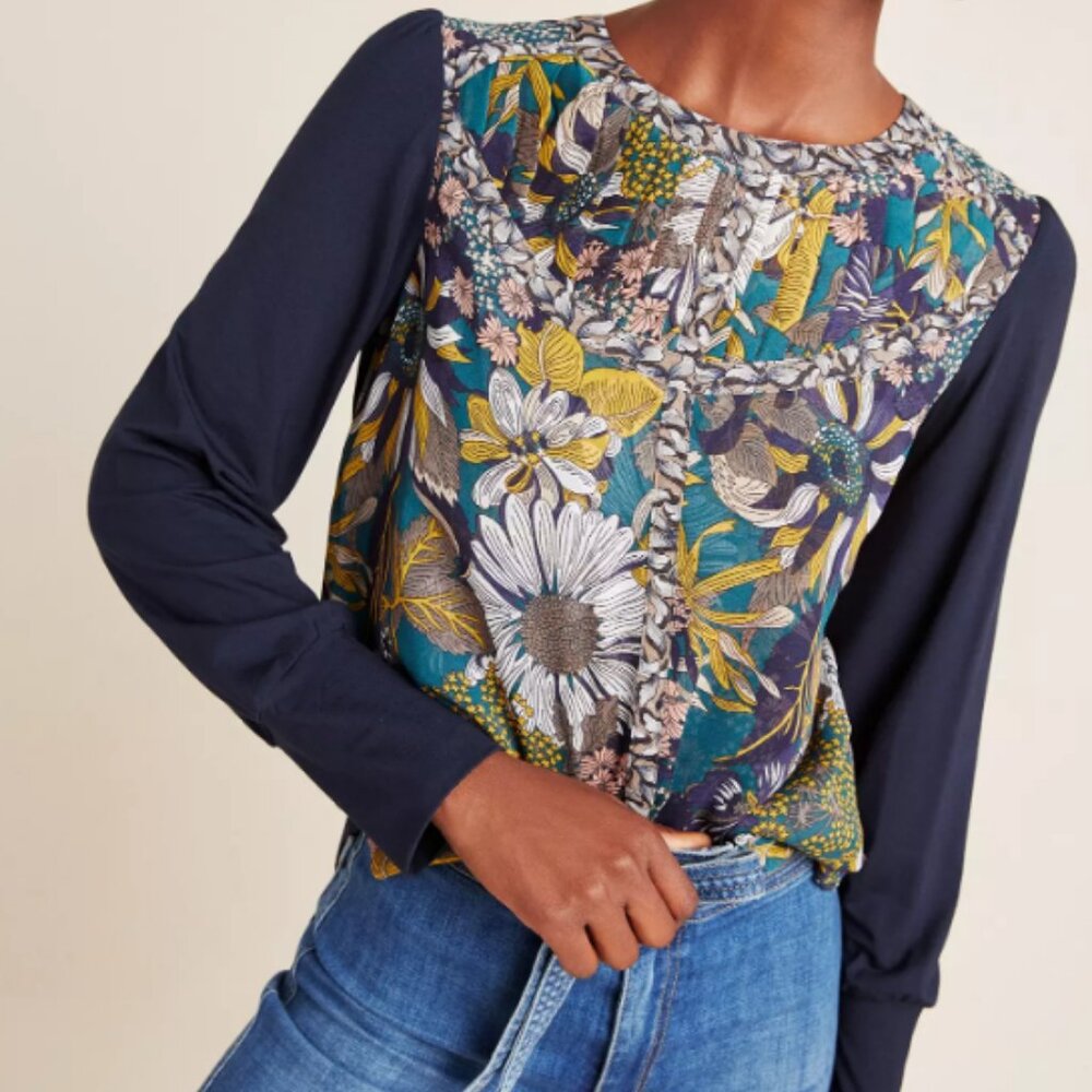 Women's Anthropologie Tiny Wesley Floral Mixed Media Blouse Sz Lg